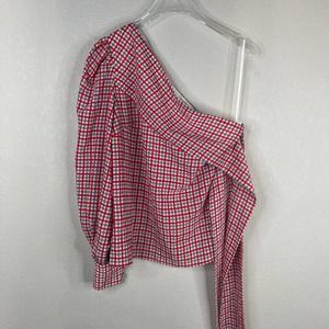 C/Meo Collective Counting All Top Med 6 Red‎ Multi One Shoulder Plaid Tie Waist